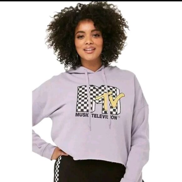 MTV Womens 3X Lavender Cropped Hoodie Checkered Logo Sweatshirt Streetwear Y2K - Picture 7 of 8